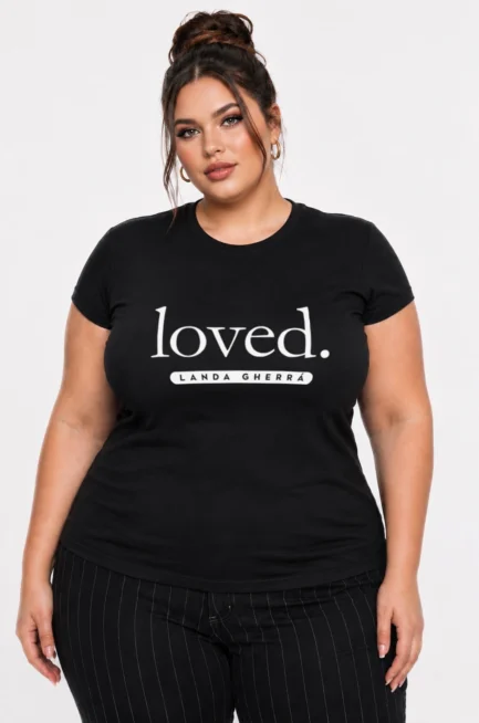Women's black crew neck short sleeve t-shirt with the word "Loved" designed on the front chest
