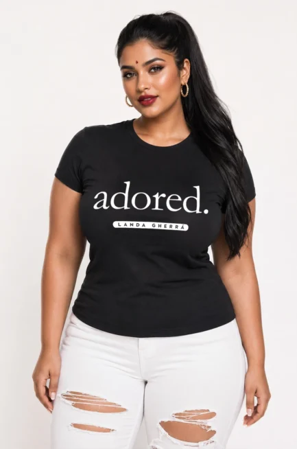 women's black slim fit or relaxed fit t-shirt with the word "Adored." on the front chest