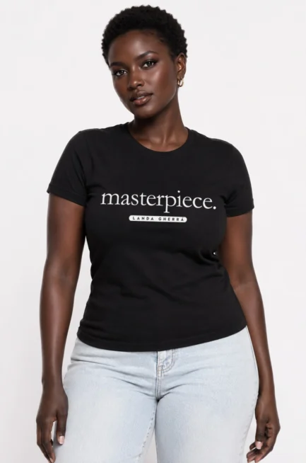 Women's black crew neck short sleeve t-shirt with the word "Masterpiece" designed on the front chest