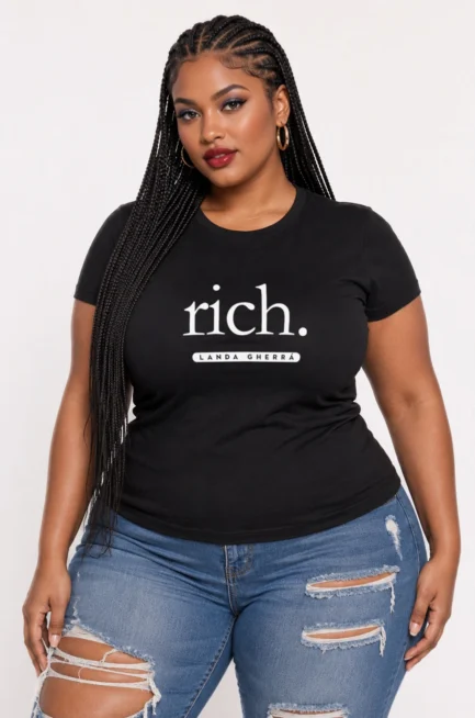 Women's black crew neck short sleeve t-shirt with the word "Rich" designed on the front chest