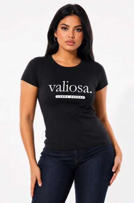 Women's black crew neck short sleeve t-shirt with the word "Valiosa" (valuable) designed on the front chest